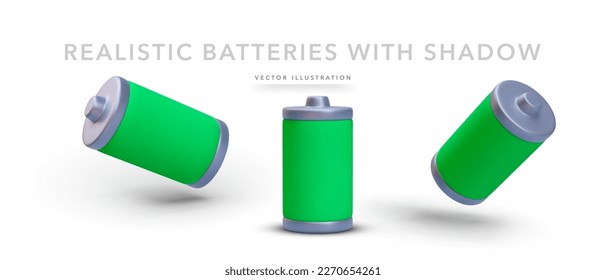 Set of 3d realistic green battery with shadow isolated on white background. Vector illustration