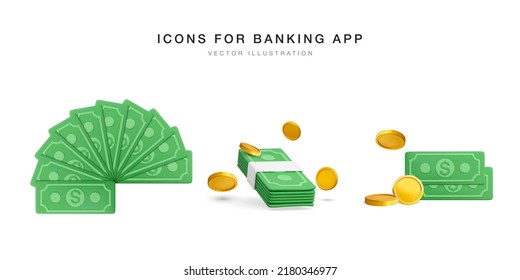 Juego de monedas de 3 d reales en dólares verdes y monedas de oro. Ilustración del vector