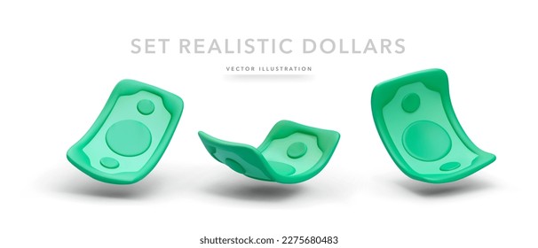 Set of 3d realistic green falling paper money with shadow isolated on white background. Vector illustration