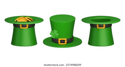 Set of 3d realistic green leprechaun top hat with a gold buckle and four-leaf clover. St. Patrick's Day decorative element. Vector realistic illustration Isolated on white background