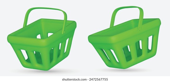 Conjunto de Carrito de compras de plástico verde 3d realista aislado sobre fondo blanco. Ilustración vectorial