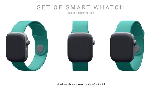 Conjunto de relojes 3d realistas y verdes inteligentes en una posición diferente aislados sobre fondo blanco. Ilustración del vector