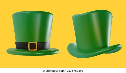 Set 3d realistic green top hat different views in cartoon minimal style. Bright modern vector graphic element. Retro clothing accessories. Celebration equipment or vintage  decoration.