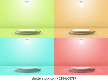 Set von 3D realistische grün, gelb, blau und rotes Podium oder Podest mit Kreisleuchte auf Bühnenhintergrund. Sie können zur Produktdarstellung usw. Vektorgrafik verwenden