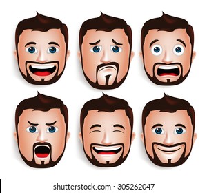 Set of 3D Realistic Handsome Man Head with Different Facial Expressions With Beard Avatar. Isolated in White Background Editable Vector Illustration