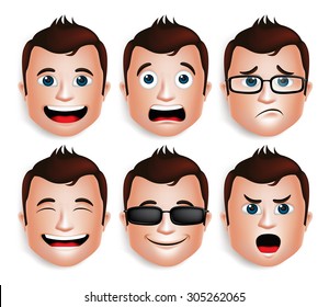 Set of 3D Realistic Handsome Man Head with Different Facial Expressions for Avatar. Isolated in White Background Editable Vector Illustration