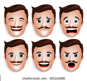 Set of 3D Realistic Handsome Man Head with Different Facial Expressions With Mustache for Avatar. Isolated in White Background Editable Vector Illustration