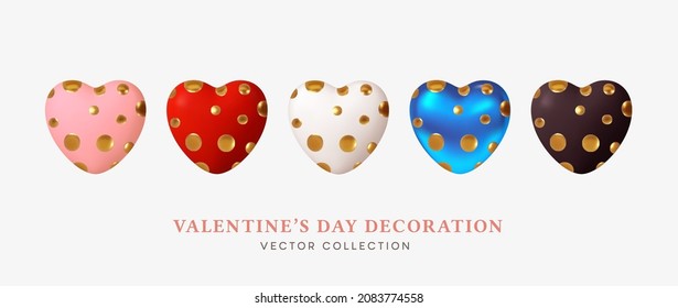 Set of 3d realistic hearts shapes in gold dots.White, red, pink, blue 3d hearts with gold dots isolated on white background. Vector illustration EPS10