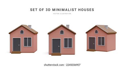 Set of 3d realistic homes isolated on light background. Real estate, mortgage, loan concept. House icons in cartoon minimal style. Vector illustration