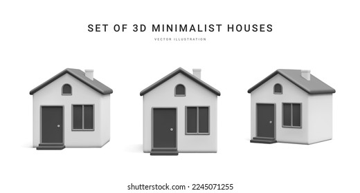 Set of 3d realistic homes isolated on light background. Real estate, mortgage, loan concept. House icons in cartoon minimal style. Vector illustration