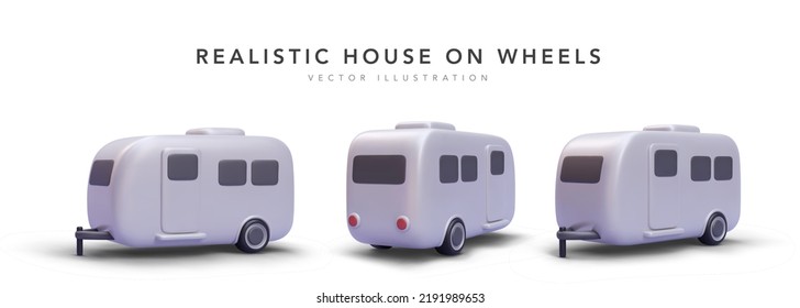 Set of 3d realistic house on wheels with shadow isolated on white background. Vector illustration