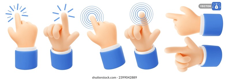 Set of 3d realistic icon of hand which touch surface or screen, click the button or points to something with the index finger. Touchscreen gesture. Isolated Vector illustration