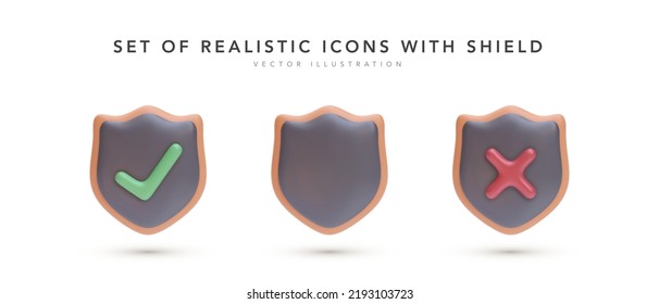 Set of 3d realistic icons with shield isolated on white background. Vector illustration 