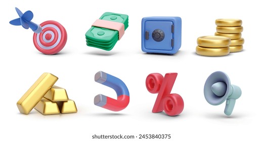 Set of 3d realistic investment vector icons isolated on white background. Target, money, safe, coins, gold bars, magnet, discount, megaphone