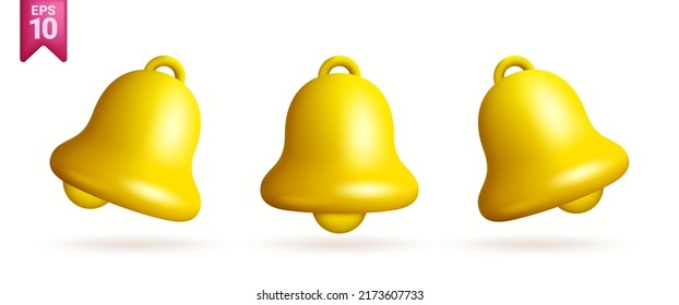 Set of 3d realistic isolated bell on white background. 3d render yellow gold notification bell icons. 3d Vector Elements.