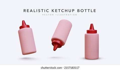 Set of 3d realistic ketchup bottle in different position isolated on white background. Vector illustration