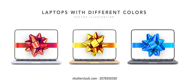 Set of 3d realistic laptop with a bow isolated on white background. Vector illustration