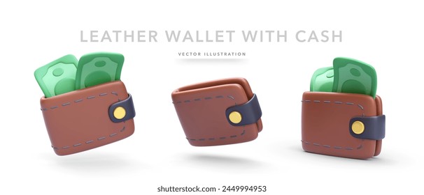 Set of 3d realistic leather wallet isolated on white background. Vetor illustration