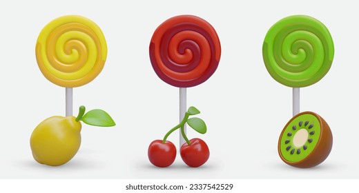 Set of 3d realistic lollipop with lemon, cherry and kiwi taste. Design for candy shop concept. Collection of tasty candies. Vector illustration in red, green and yellow colors