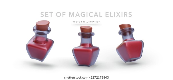 Set of 3d realistic magical elixir with shadow isolated on white background. Vector illustration