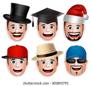 Set of 3D Realistic Male Faces in Collection of Hats Isolated in White Background. Vector Illustration