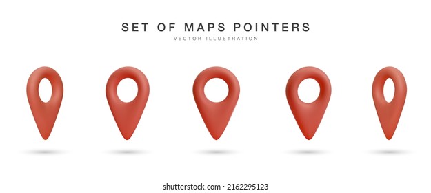 Set of 3d realistic map pointer with shadow isolated on white background. Vector illustration