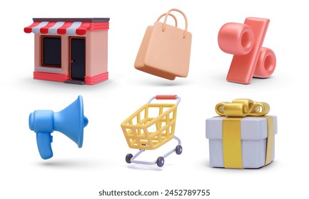 Set of 3d realistic marketing store vector icons isolated on white background. Gift, cart, megaphone, discount, bag, market