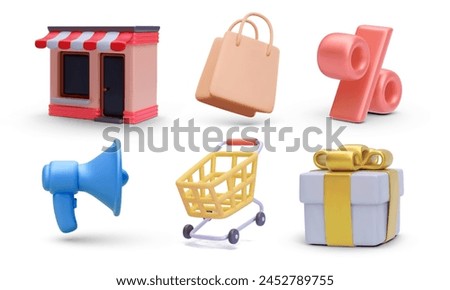 Set of 3d realistic marketing store vector icons isolated on white background. Gift, cart, megaphone, discount, bag, market