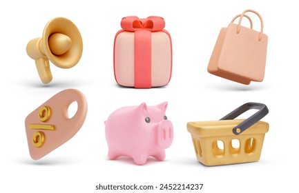 Set of 3d realistic marketing vector icons isolated on white background. Megaphone, gift, bag, discount, piggy, basket