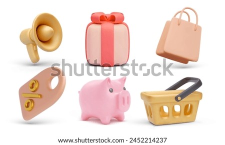 Set of 3d realistic marketing vector icons isolated on white background. Megaphone, gift, bag, discount, piggy, basket