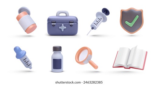 Set of 3d realistic medical elements isolated on white background. Vector illustration