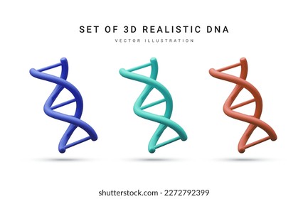 Conjunto de 3d dna genético de espiral médica realista para química molecular, física, bioquímica al estilo de las caricaturas aisladas en fondo blanco. Ilustración del vector