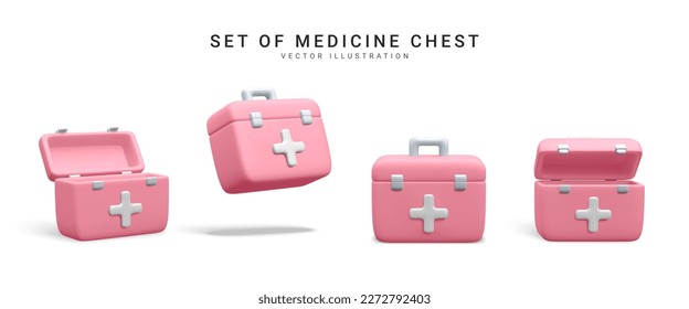 Conjunto de 3 d realistas pecho de medicina aislado en fondo blanco. Kit de primeros auxilios al estilo de las caricaturas. Ilustración del vector