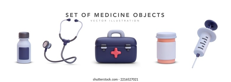 Set of 3d realistic medicine objects with shadow isolated on white background. Vector illustration