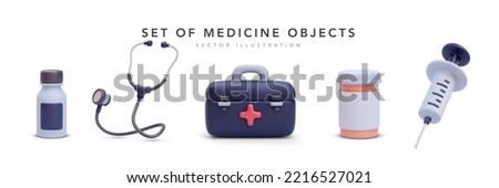 Set of 3d realistic medicine objects with shadow isolated on white background. Vector illustration