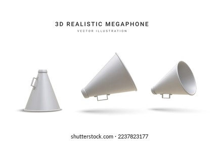 Set of 3d realistic megaphones with shadow isolated on white background. Vector illustration