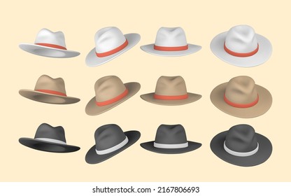 Set of 3D realistic mens hat. Summer hat. Summertime object. Vector illustration.