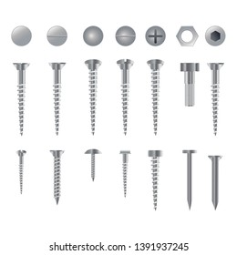 Set of 3d realistic metal screws, stainless steel bolts, nuts, rivets and nails isolated on a white background.