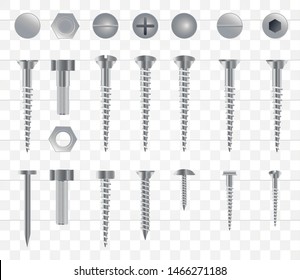 Set of 3d realistic metal screws, stainless steel bolts, nuts, rivets and nails isolated onn a transparent background. Vector Illustration.