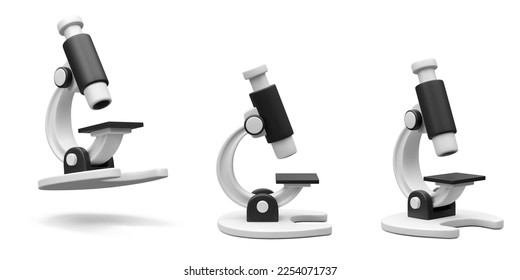 Conjunto de microscopio 3d realista aislado en el fondo de la luz. Concepto científico, farmacéutico y educativo. Herramienta de aumento de microbiología. Ilustración del vector