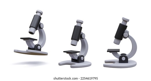 Set of 3d realistic microscope isolated on light background. Science, pharmaceutical and education concept. Microbiology magnifying tool. Vector illustration