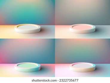 Set of 3D realistic mockup display empty podium minimal wall scene on pastel background and light. Use for beauty cosmetic display presentation, showcase, showroom, product stand promotion. Vector