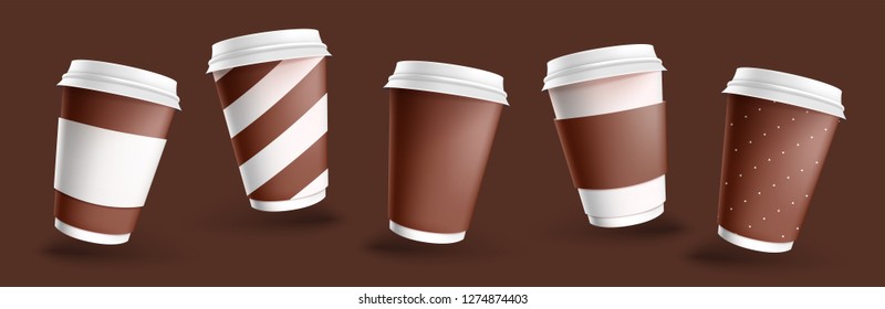 Set of 3d realistic mockups coffee paper cups on brown background. Kit of Templates paper cups in dark for your brand. Your logotype on paper cups. 