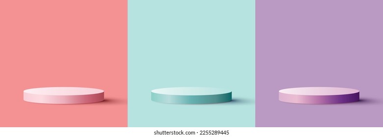 Set of 3D realistic modern pink, blue, purple pastels colors cylinder podium platform isolated minimal wall scene background. Product display for cosmetic, showroom, showcase, presentation, etc.