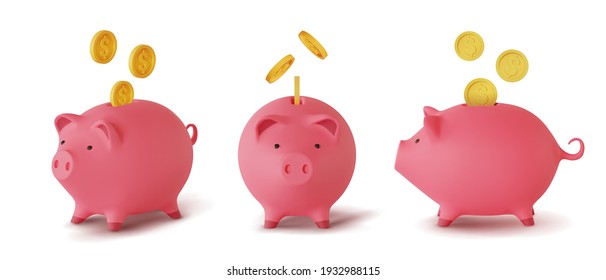 Set 3d realistic moneybox in the form of a pig and coins falling, isolated on white background, vector illustration