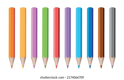 Set of 3d realistic multicolored pencils. Volumetric wooden objects for writing and drawing. Stationery tool. Back to school vector illustration isolated on white background.
