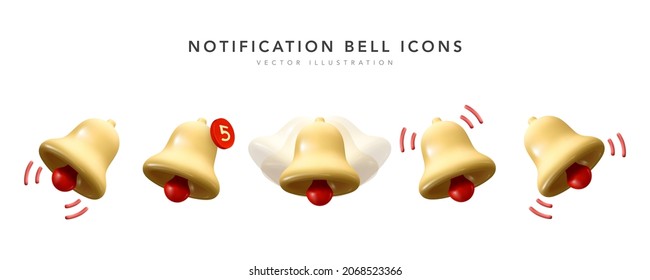 Set of 3d realistic new year bell notification in red and yellow color. Vector illustration