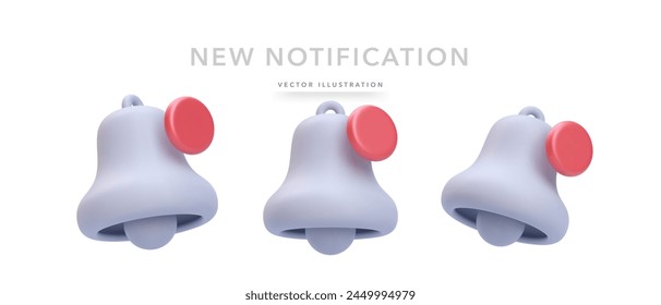 Set of 3d realistic notification bells isolated on white background. Vector illustration