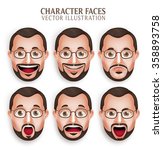 Set of 3D Realistic Old Beard Man Head with Different Facial Expression Isolated in White Background. Vector Illustration
