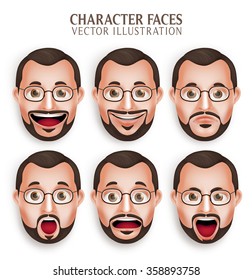 Set of 3D Realistic Old Beard Man Head with Different Facial Expression Isolated in White Background. Vector Illustration
